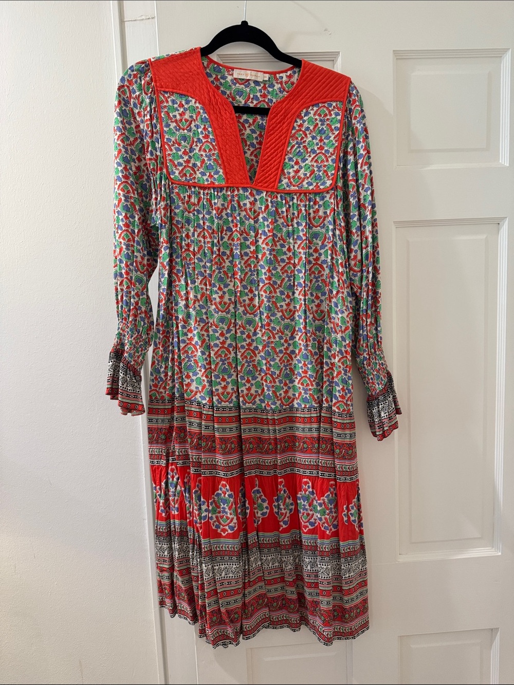 Tory Burch Red Multi Floral Long-Sleeve Midi Dress